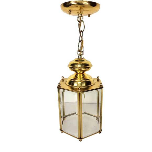 Vintage Brass & Glass Hexagon Regency Pendant Entryway Hanging Light Fixture - Picture 2 of 9